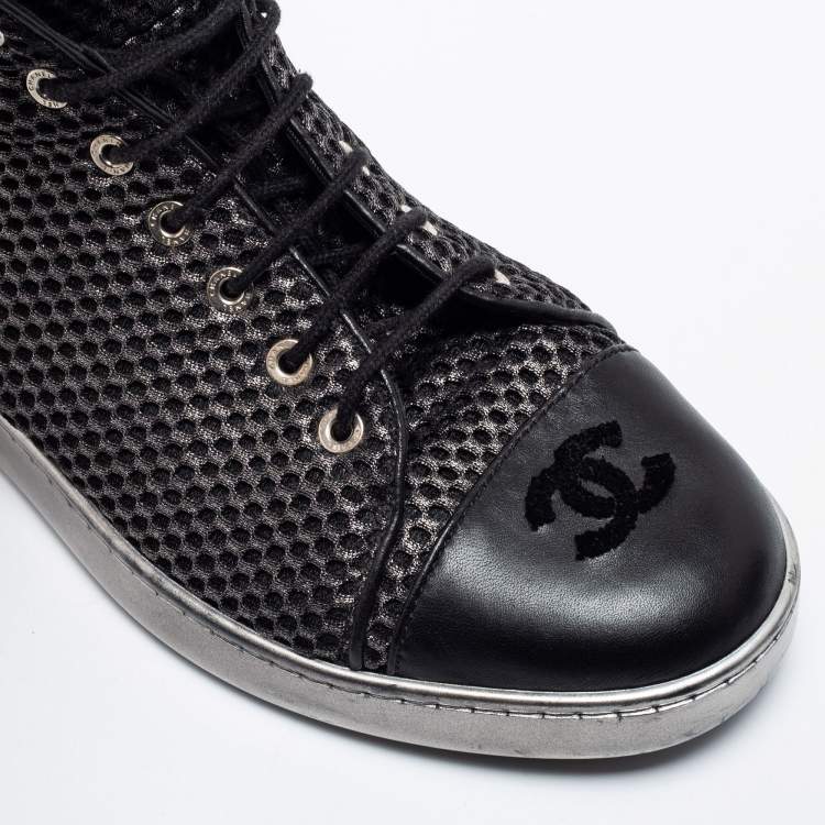 Pre Owned Chanel Black Mesh and Leather CC Cap Toe High Top Sneakers Size 40.5 