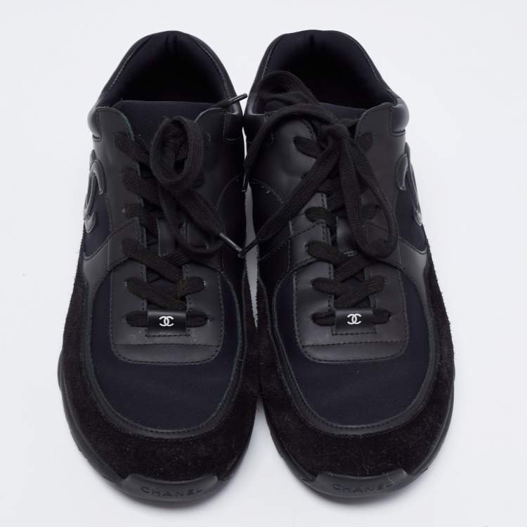 Pre Owned Chanel Black Suede And Fabric CC Low Top Sneakers Size 45