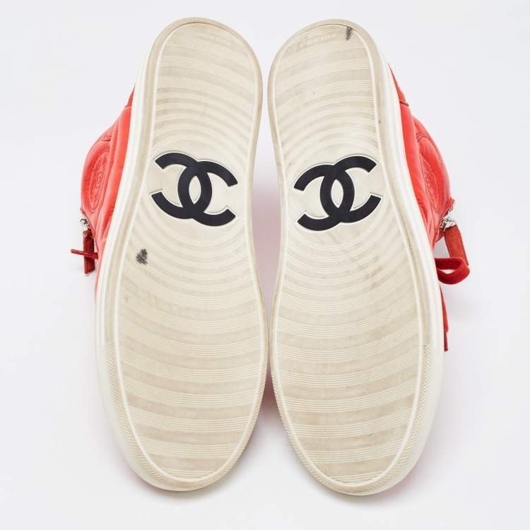 Pre Owned Chanel Red Leather and Nylon CC High Top Sneakers Size 41
