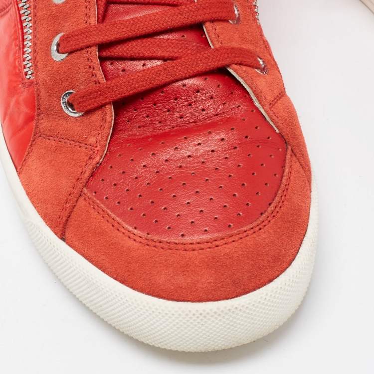 Pre Owned Chanel Red Leather and Nylon CC High Top Sneakers Size 41