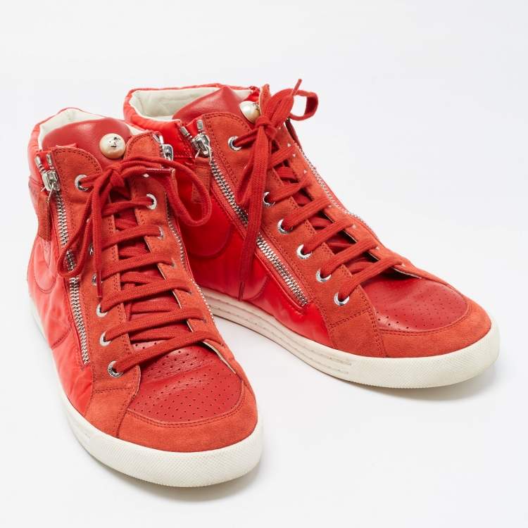 Pre Owned Chanel Red Leather and Nylon CC High Top Sneakers Size 41