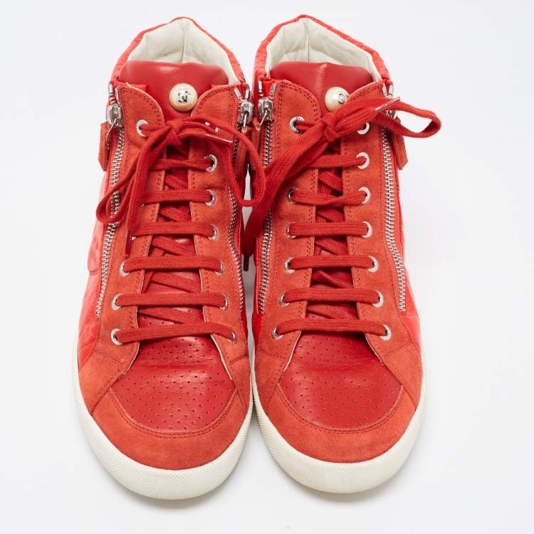 Pre Owned Chanel Red Leather and Nylon CC High Top Sneakers Size 41