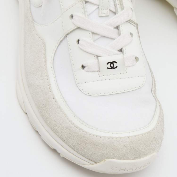 Pre Owned Chanel White Nylon, Suede and Leather CC Low Top Sneakers Size 39.5