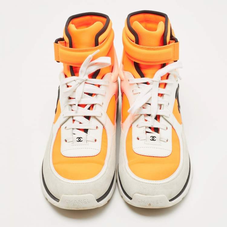 Pre Owned Chanel Tricolor Leather and Neoprene CC High Top Sneakers Size 41