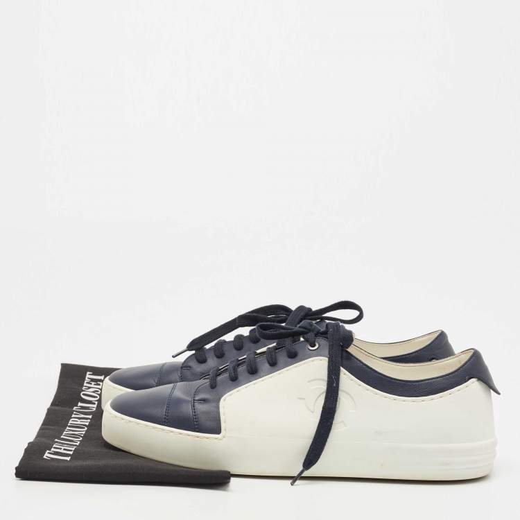 Pre Owned Chanel  Blue/White Rubber and Leather CC Trainer Low Top Sneakers Size 42