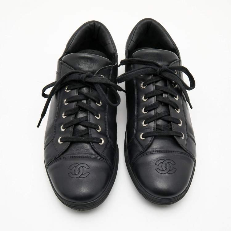 Pre Owned Chanel Black Leather CC Cap Toe Low Top Sneakers Size 44
