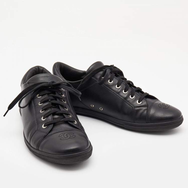 Pre Owned Chanel Black Leather CC Cap Toe Low Top Sneakers Size 44