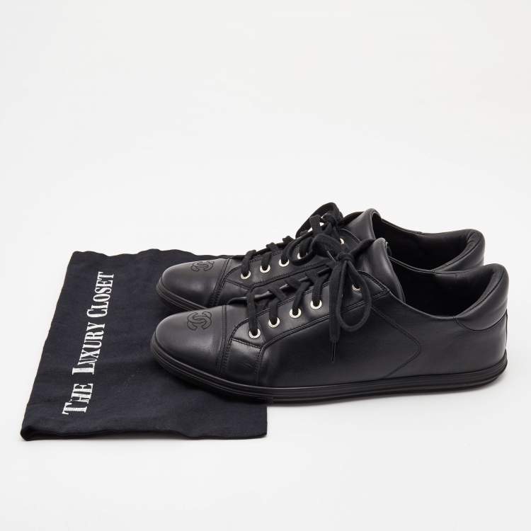 Pre Owned Chanel Black Leather CC Cap Toe Low Top Sneakers Size 44