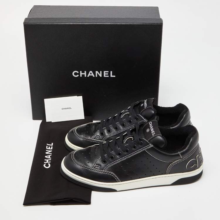 Pre Owned Chanel Black Perforated Leather Logo Low Top Sneakers Size 42