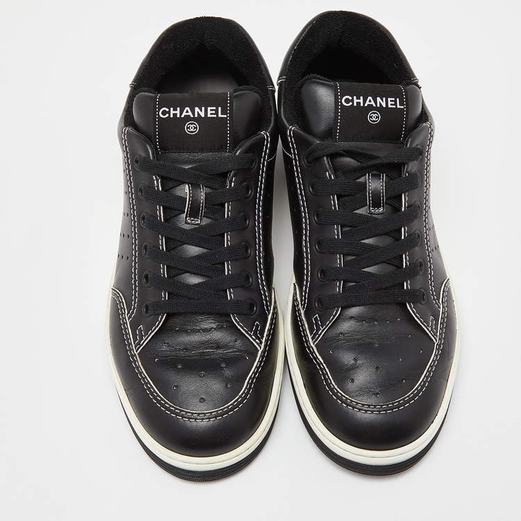 Pre Owned Chanel Black Perforated Leather Logo Low Top Sneakers Size 42