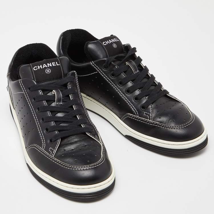 Pre Owned Chanel Black Perforated Leather Logo Low Top Sneakers Size 42