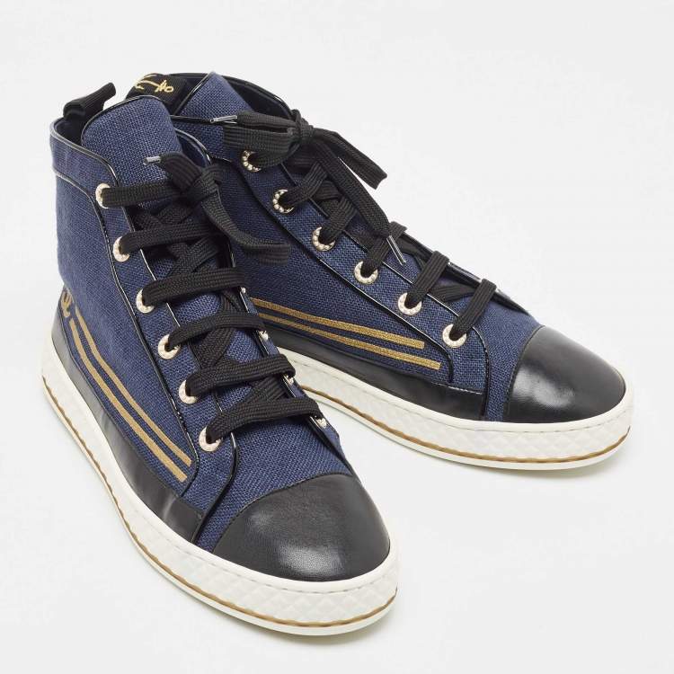 Pre Owned Chanel Navy Blue/Black Canvas and Leather CC High Top Sneakers Size 41
