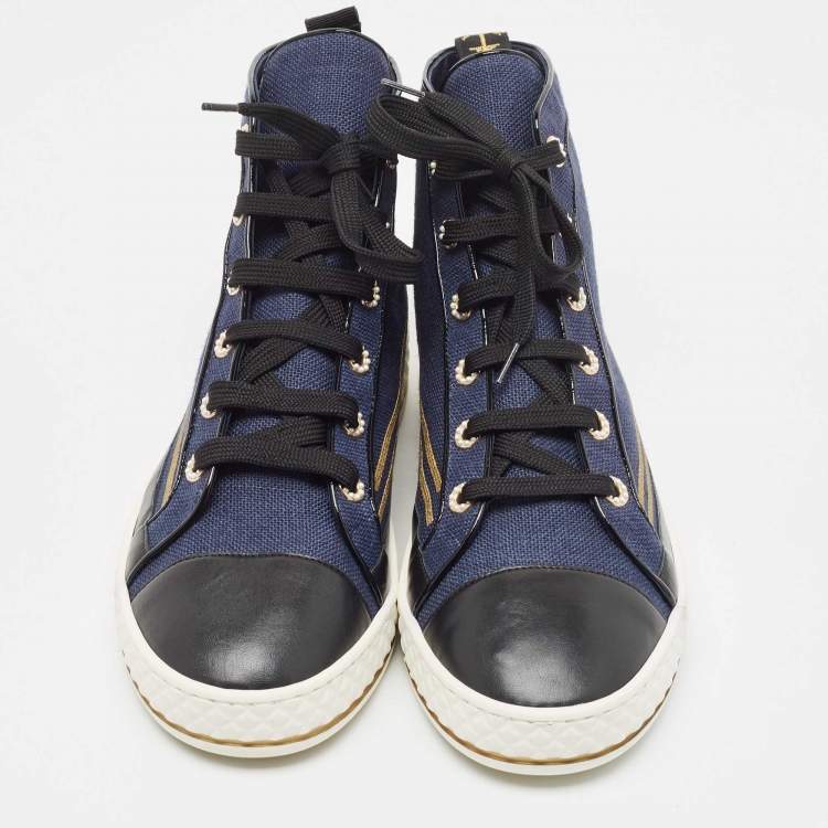 Pre Owned Chanel Navy Blue/Black Canvas and Leather CC High Top Sneakers Size 41