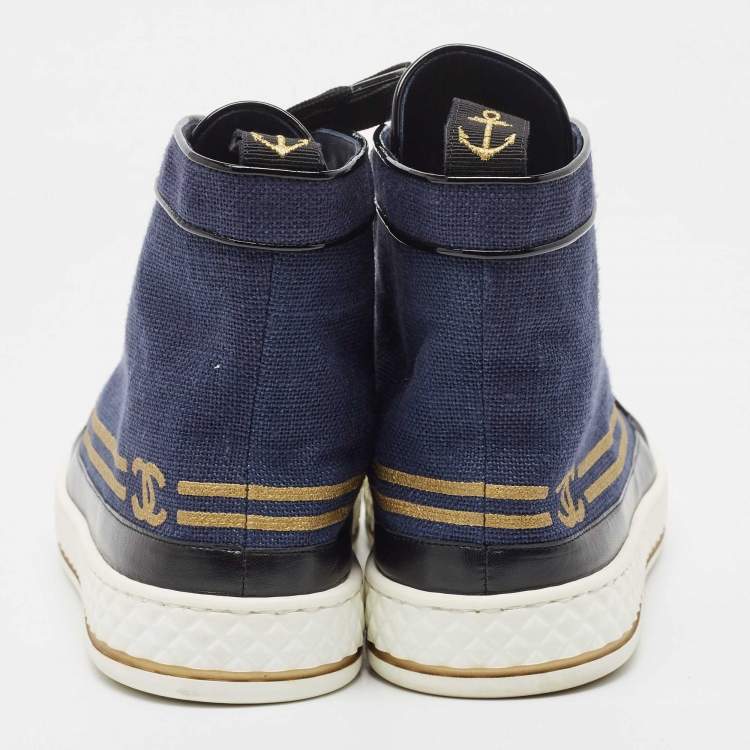 Pre Owned Chanel Navy Blue/Black Canvas and Leather CC High Top Sneakers Size 41