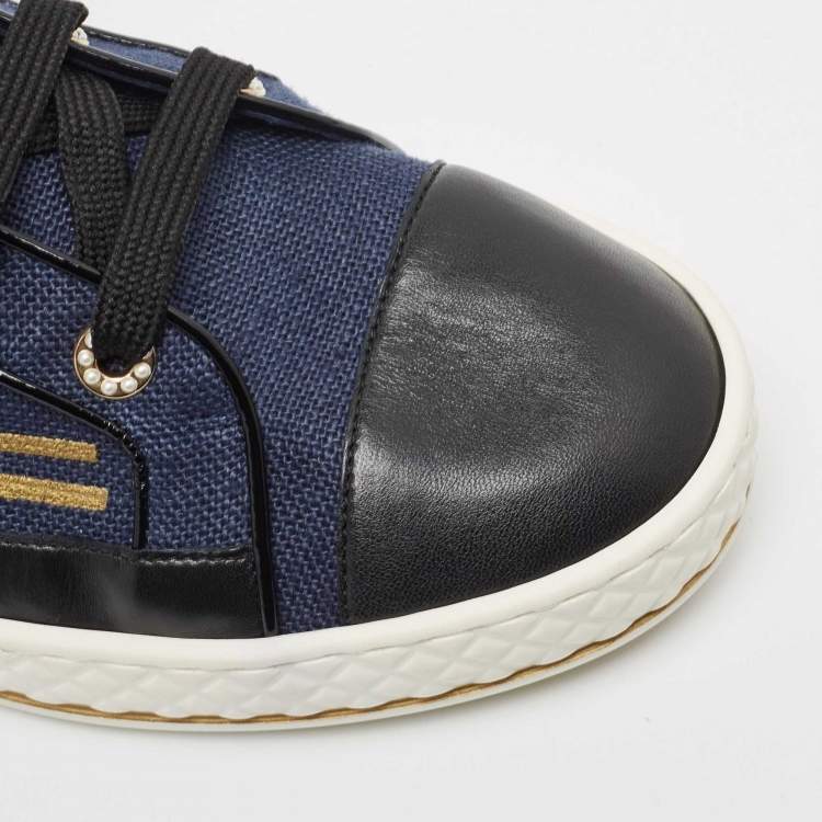 Pre Owned Chanel Navy Blue/Black Canvas and Leather CC High Top Sneakers Size 41