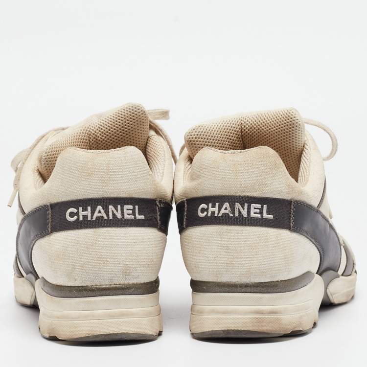 Pre Owned Chanel White/Grey Canvas and Gold CC Low  Top Sneakers Size 41