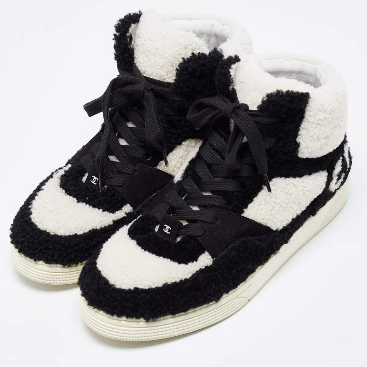 Pre Owned Chanel Black/White Shearling High Top Sneakers Size 42