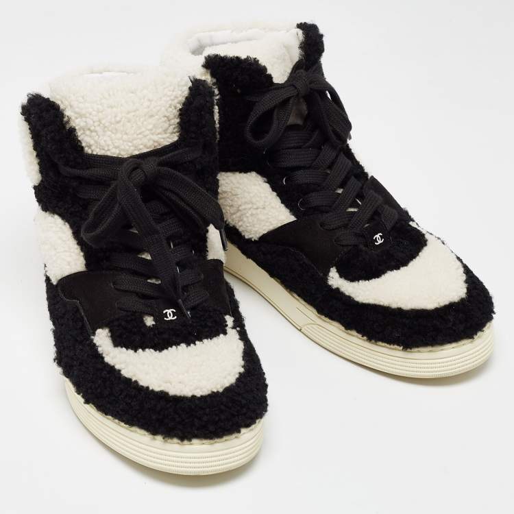 Pre Owned Chanel Black/White Shearling High Top Sneakers Size 42