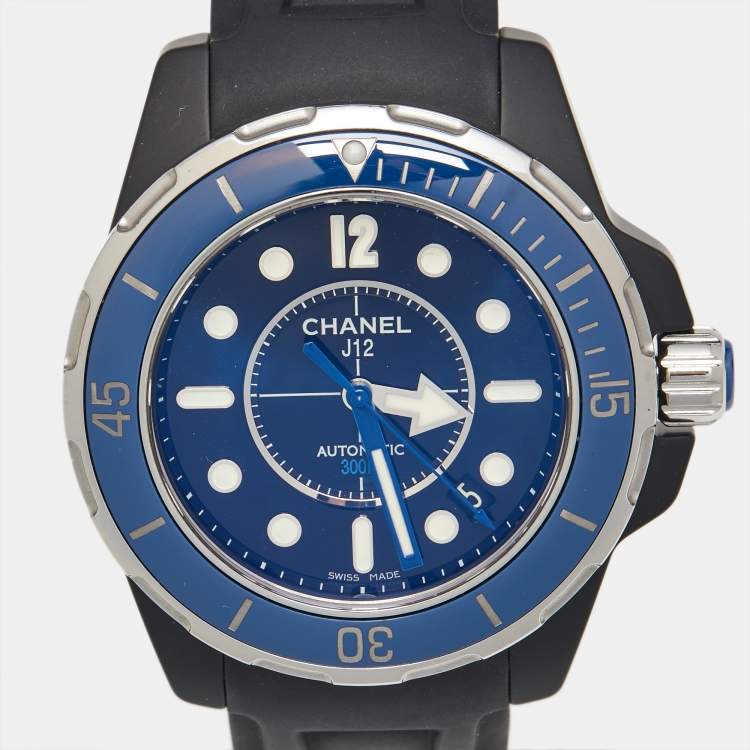 Pre Owned Chanel Black Ceramic Stainless Steel Rubber J12 Marine Men's Wristwatch 39 mm