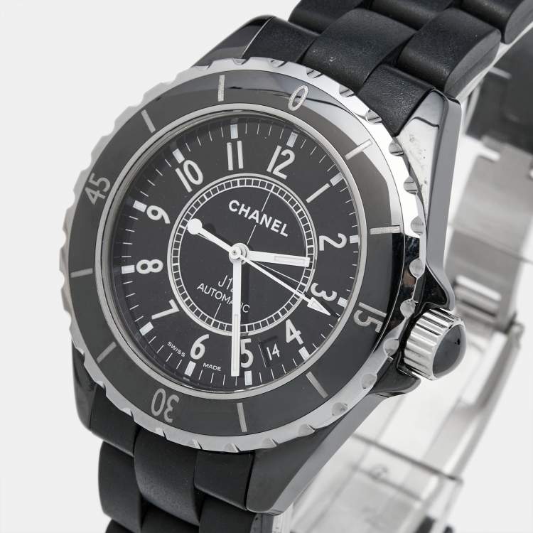 Pre Owned Chanel Black Ceramic Stainless Steel Rubber J12 H0684 Men's Wristwatch 39 mm