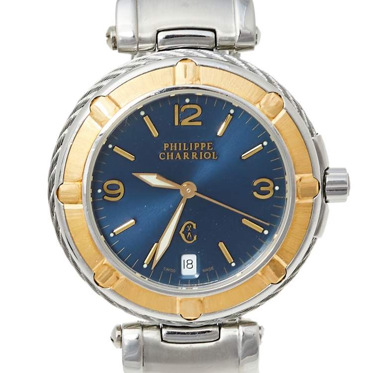 Pre Owned Philippe Charriol Blue 18K Yellow Gold & Stainless Steel 55.97.2379 Men's Wristwatch 33 mm