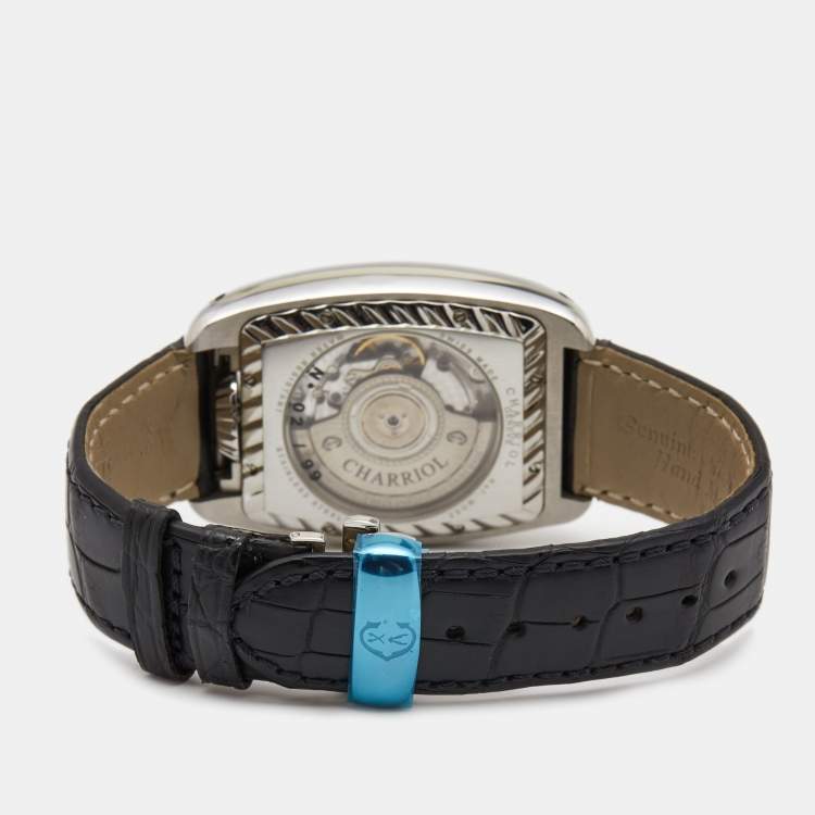 Pre Owned Charriol Silver White Stainless Steel Crocodile Leather Limited Edition Moonphase MD52.791.001 Men's Wristwatch 37 mm