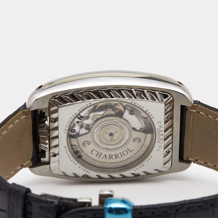 Pre Owned Charriol Silver White Stainless Steel Crocodile Leather Limited Edition Moonphase MD52.791.001 Men's Wristwatch 37 mm