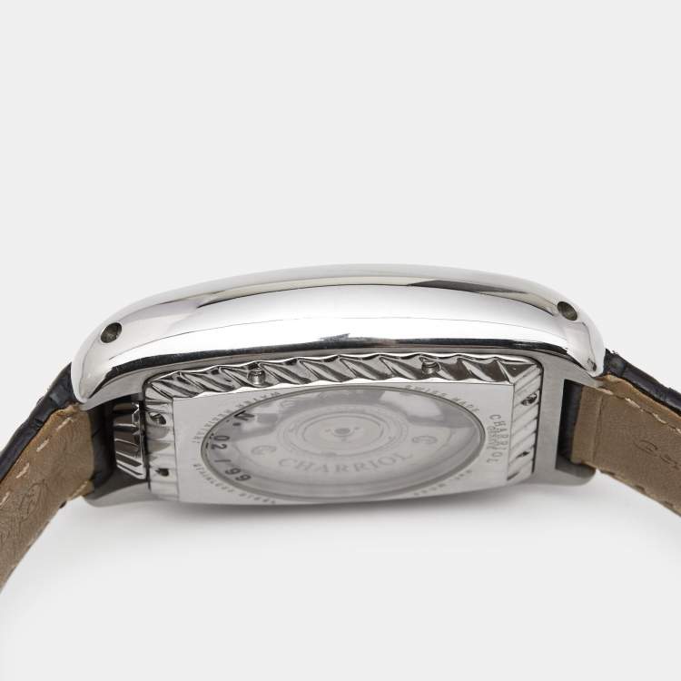 Pre Owned Charriol Silver White Stainless Steel Crocodile Leather Limited Edition Moonphase MD52.791.001 Men's Wristwatch 37 mm