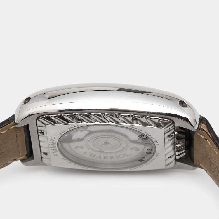 Pre Owned Charriol Silver White Stainless Steel Crocodile Leather Limited Edition Moonphase MD52.791.001 Men's Wristwatch 37 mm