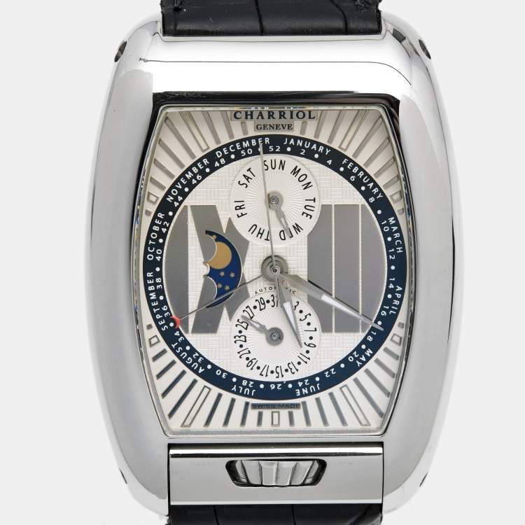 Pre Owned Charriol Silver White Stainless Steel Crocodile Leather Limited Edition Moonphase MD52.791.001 Men's Wristwatch 37 mm