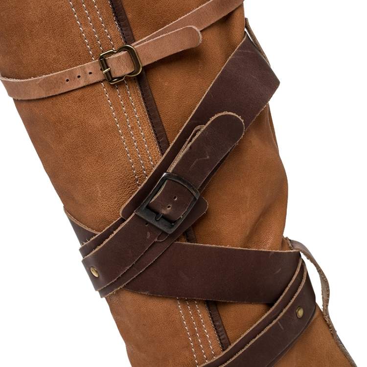 Pre Owned Chloe Brown Leather Cross Strap Knee Length Boots Size 38.5