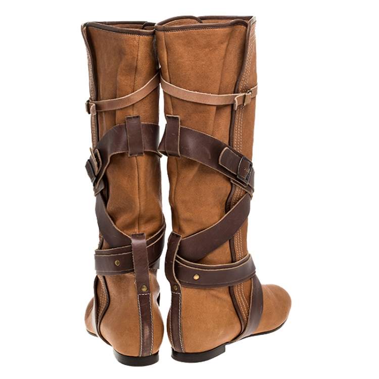 Pre Owned Chloe Brown Leather Cross Strap Knee Length Boots Size 38.5
