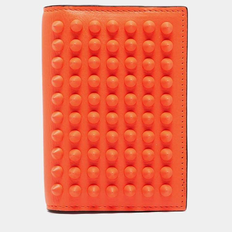 Pre Owned Christian Louboutin Neon Orange Leather Spikes Sifnos Wallet 