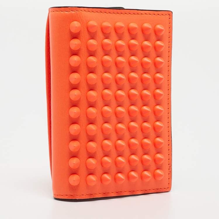 Pre Owned Christian Louboutin Neon Orange Leather Spikes Sifnos Wallet 
