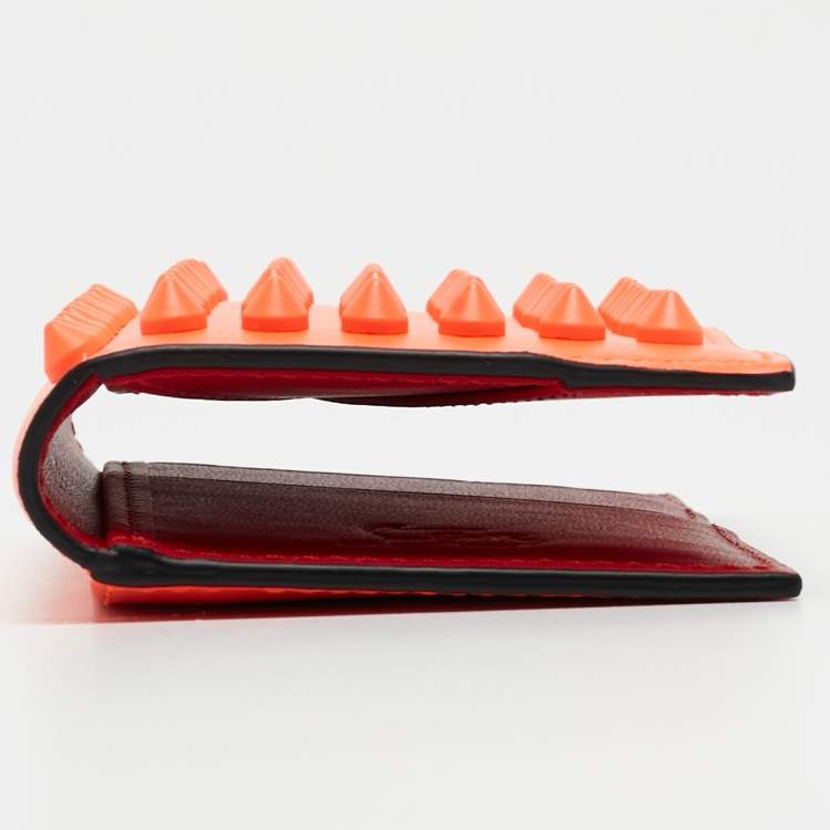 Pre Owned Christian Louboutin Neon Orange Leather Spikes Sifnos Wallet 
