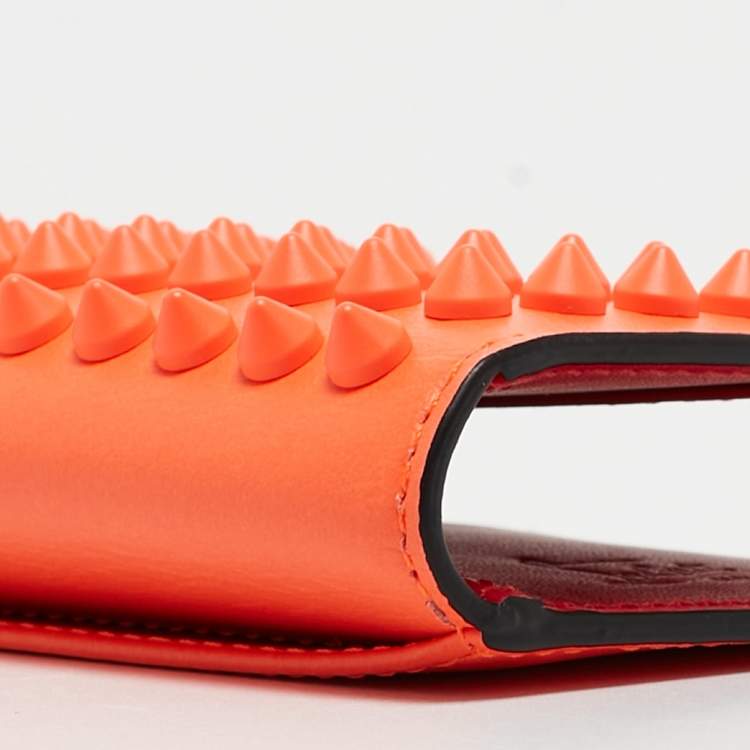 Pre Owned Christian Louboutin Neon Orange Leather Spikes Sifnos Wallet 