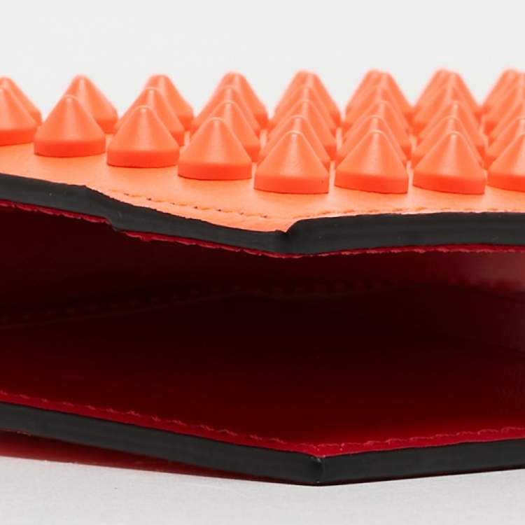 Pre Owned Christian Louboutin Neon Orange Leather Spikes Sifnos Wallet 