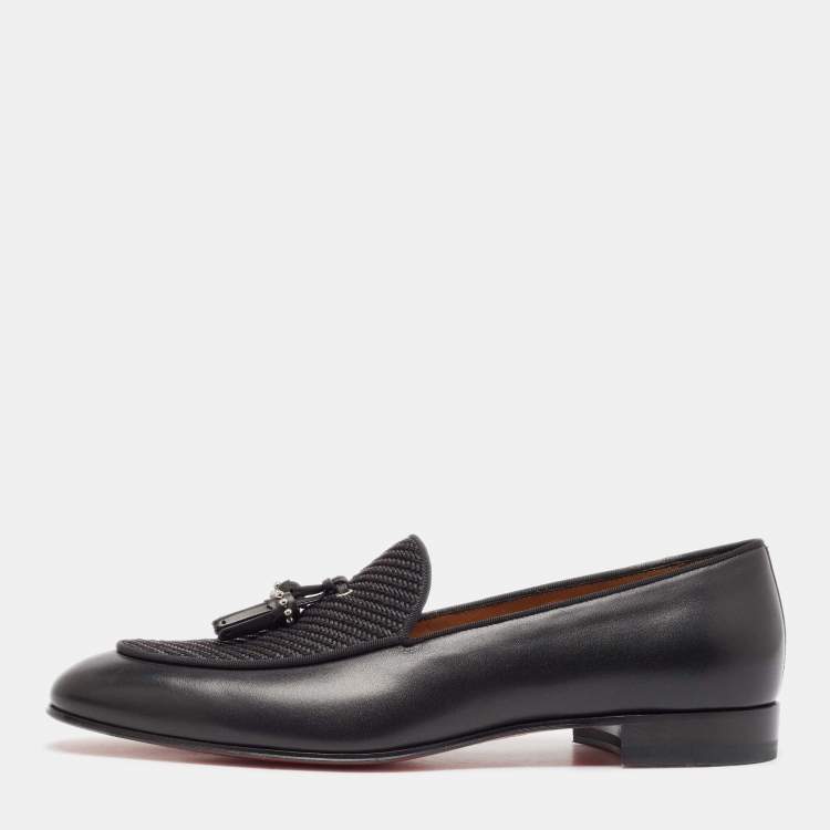 Pre Owned Christian Louboutin Black Leather and Woven Fabric Tassel Detail Loafers Size 43