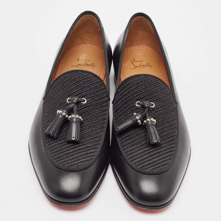 Pre Owned Christian Louboutin Black Leather and Woven Fabric Tassel Detail Loafers Size 43