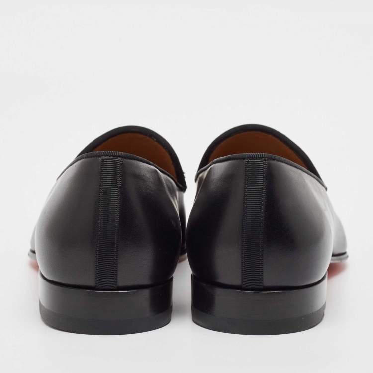 Pre Owned Christian Louboutin Black Leather and Woven Fabric Tassel Detail Loafers Size 43