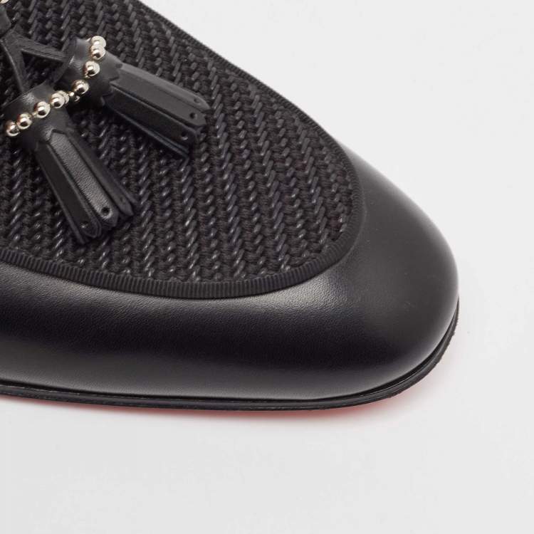 Pre Owned Christian Louboutin Black Leather and Woven Fabric Tassel Detail Loafers Size 43