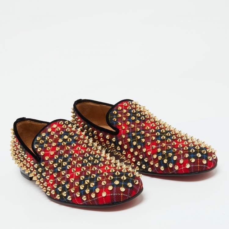 Pre Owned Christian Louboutin Red Plaid Tartan Rollerboy Spikes Smoking Slippers Size 43.5
