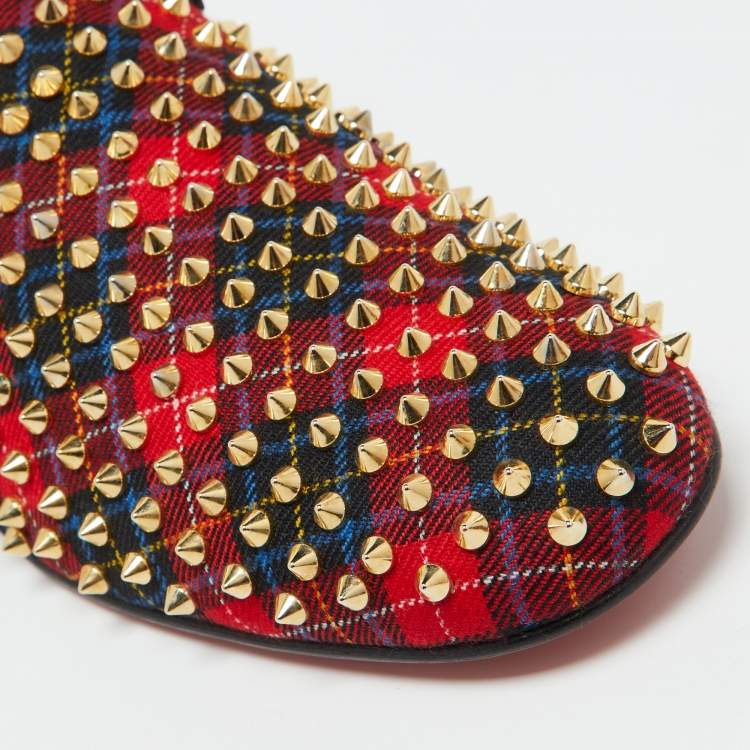Pre Owned Christian Louboutin Red Plaid Tartan Rollerboy Spikes Smoking Slippers Size 43.5