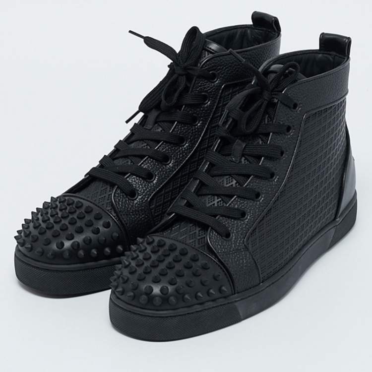 Pre Owned Christian Louboutin Black Leather Lou Spikes High Top Sneakers Size 42