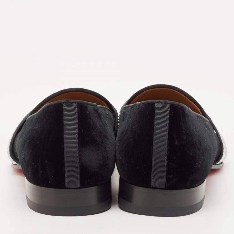 Pre Owned Christian Louboutin Black Velvet and Suede Crystal Embellished Loafers Size 43