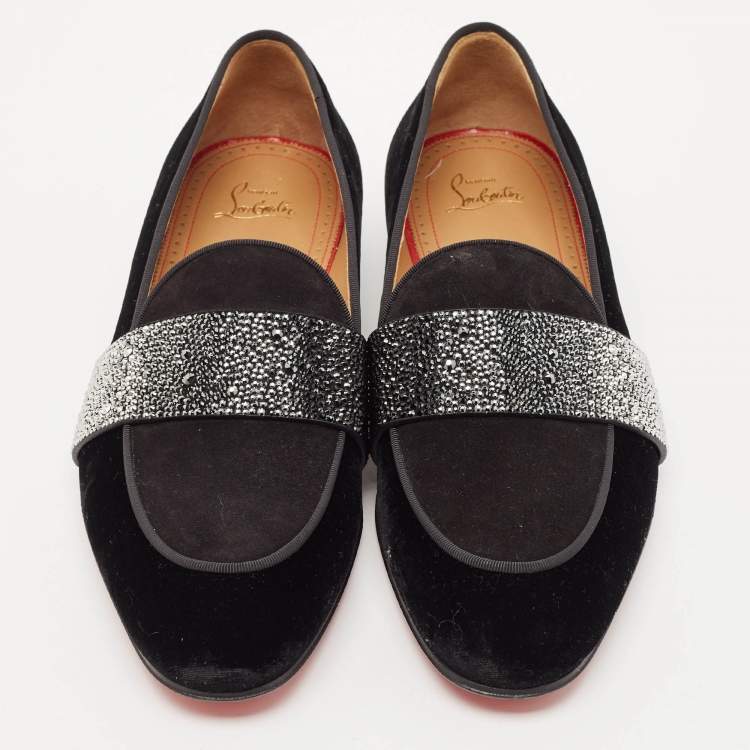 Pre Owned Christian Louboutin Black Velvet and Suede Crystal Embellished Loafers Size 43