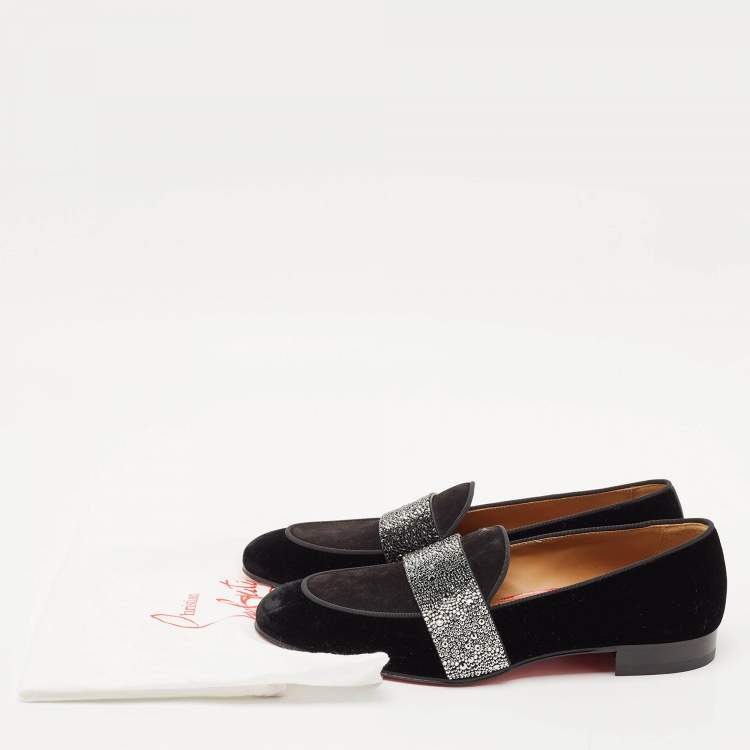 Pre Owned Christian Louboutin Black Velvet and Suede Crystal Embellished Loafers Size 43