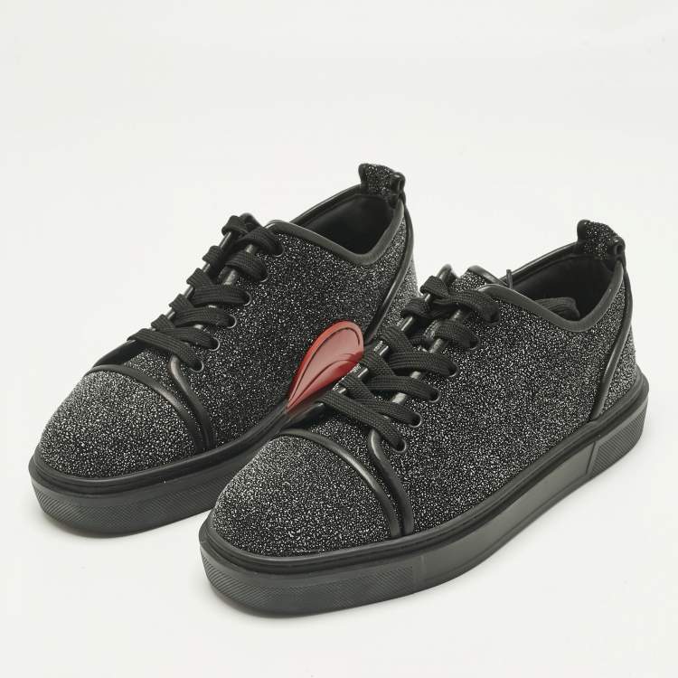 Pre Owned Christian Louboutin Black Glitter and Leather Adolon Low Top Sneakers Size 41.5