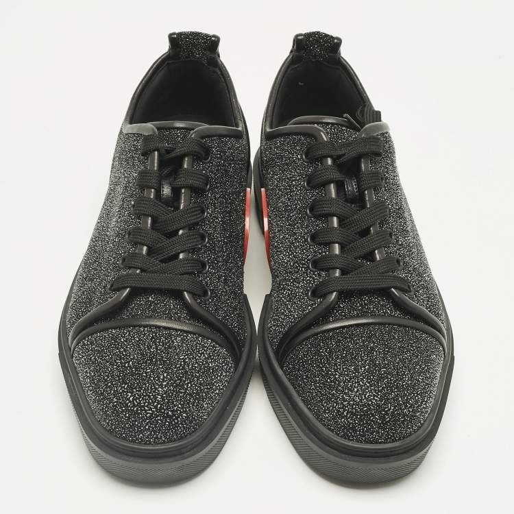 Pre Owned Christian Louboutin Black Glitter and Leather Adolon Low Top Sneakers Size 41.5