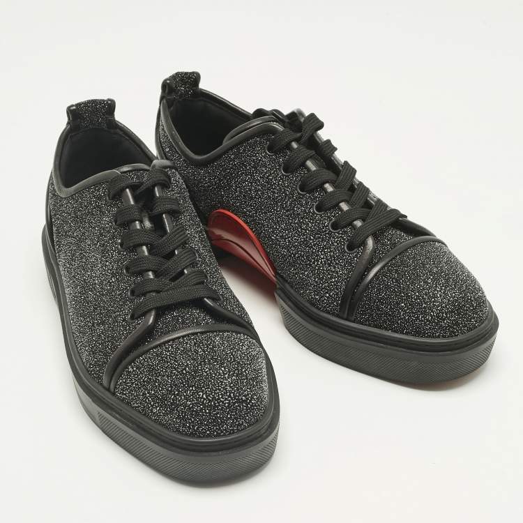 Pre Owned Christian Louboutin Black Glitter and Leather Adolon Low Top Sneakers Size 41.5